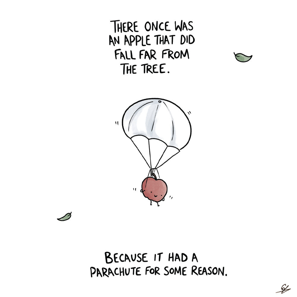 A picture of an apple parachuting, with the text, There once was an Apple that did fall far from the tree.  Because it had a parachute for some reason.