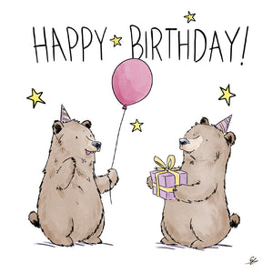 A cartoon picture of two brown bears in party hats, one holding a purple and yellow wrapped present, and the other a pink balloon. The words Happy Birthday! appear at the top of the image surrounded by stars.