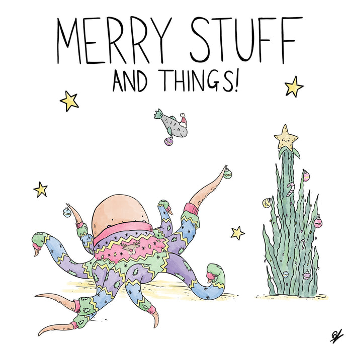 Merry Stuff and Things - An Octopus wearing an eight sleeved Christmas jumper / sweater, dressing some Christmas seaweed
