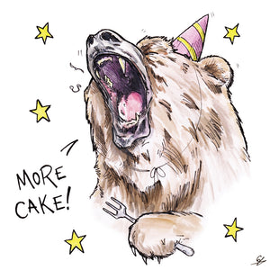 A grizzly bear roaring "More Cake!"