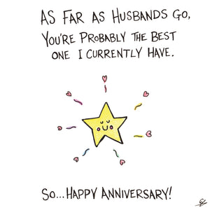 As far as Husbands go, you're probably the best one I currently have. So... Happy Anniversary!