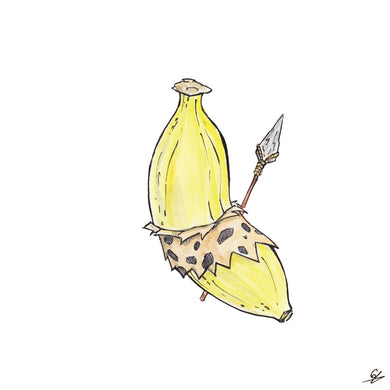 A Banana dressed like a caveman, with flint spear