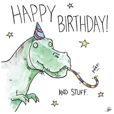 Dinosaur in a party hat with party blower