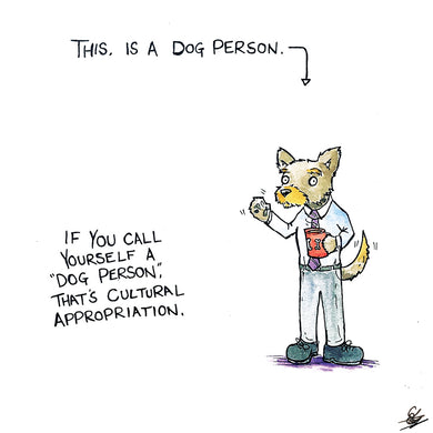 A Cartoon Dog dressed in office clothes, holding a mug. Text reads 