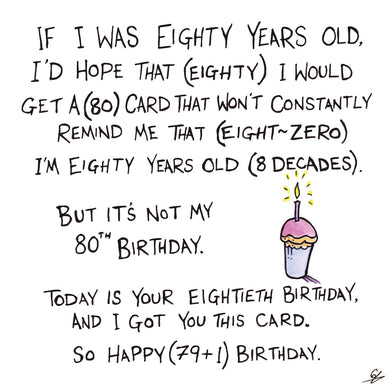 An 80th Birthday card that constantly reminds the bearer that they're 80.