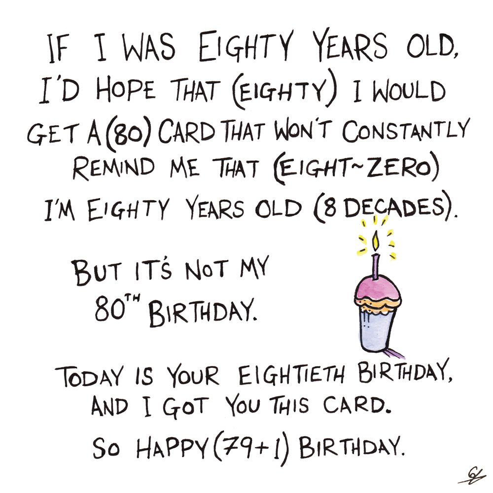 An 80th Birthday card that constantly reminds the bearer that they're 80.