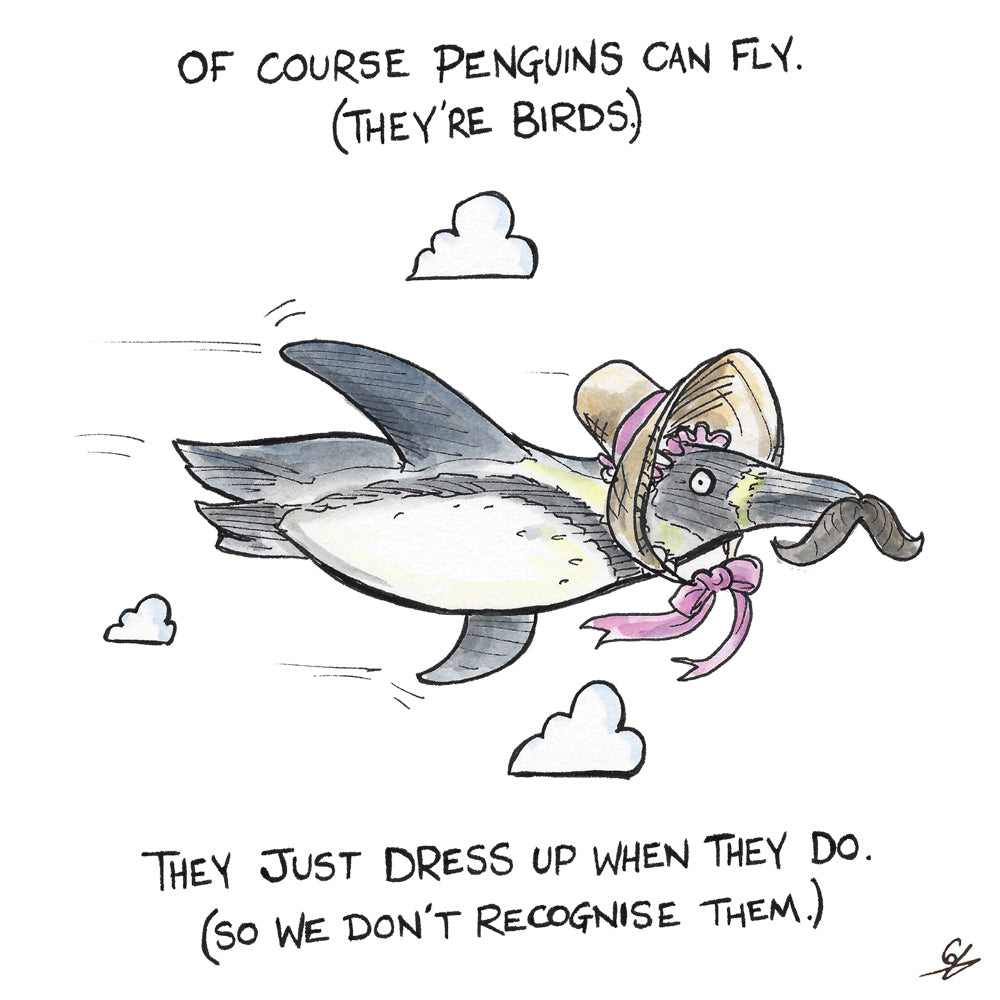 A Flying Penguin wearing a Bonnet and a fake moustache