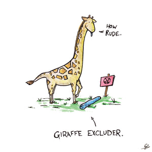 Giraffe saying "How Rude" in front of a Giraffe Excluder.