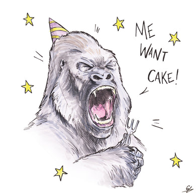 A Gorilla holding a fork and wearing a party hat shouting 