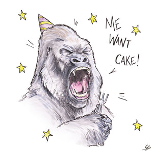 A Gorilla holding a fork and wearing a party hat shouting "Me Want Cake!"