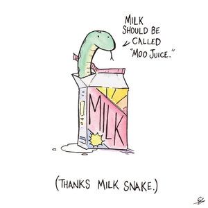 A Snake in a Milk carton saying "Milk should be called 'Moo Juice'" (Thanks Milk Snake.)