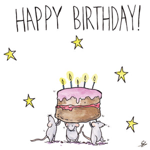 Happy Birthday - Mice holding up a Birthday Cake
