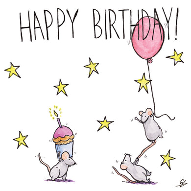 Happy Birthday - Mice holding a cupcake and a balloon