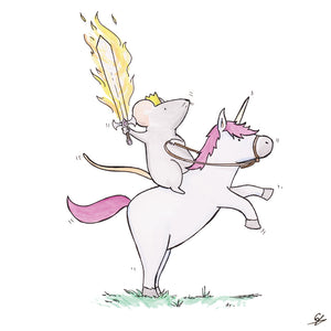 The Mouse King atop a Unicorn holding a flaming sword.