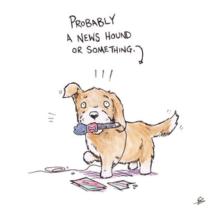 Dog with a microphone in its chops. Probably a News Hounds or something.