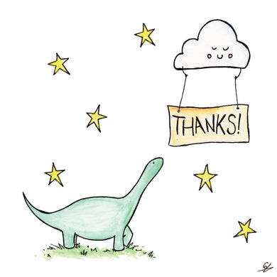 A cloud holding a Thanks! sign above a Dinosaur
