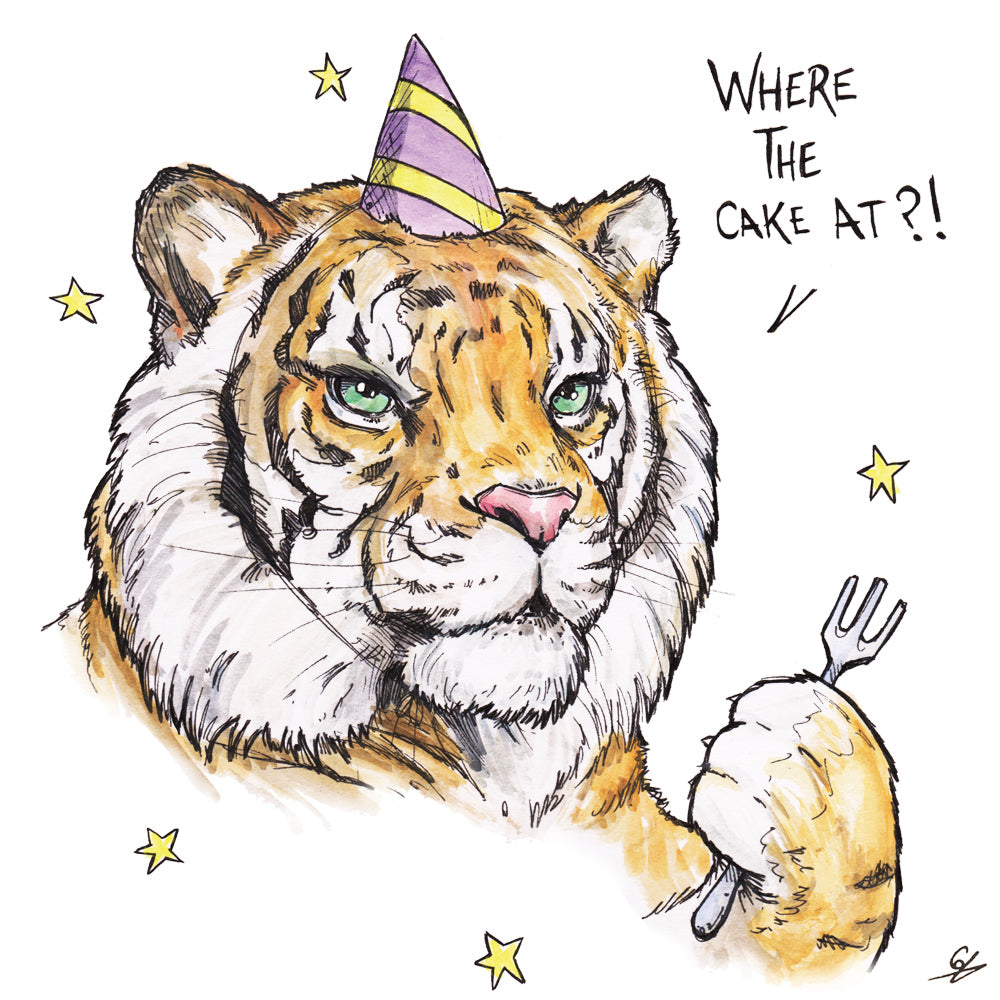 Tiger holding a fork and wearing a party hat saying 