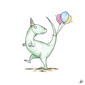 Dinosaur in a party hat with some balloons
