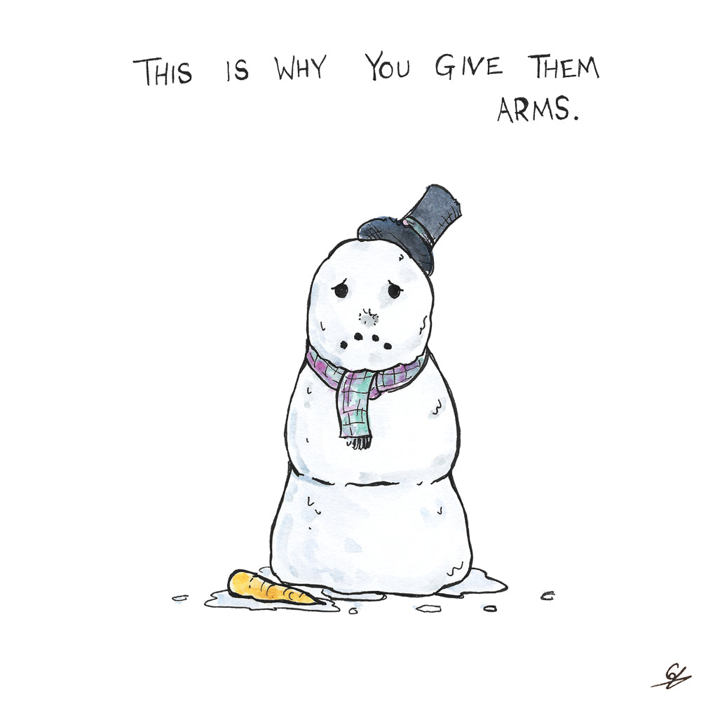 A Snowman with it's nose on the floor.