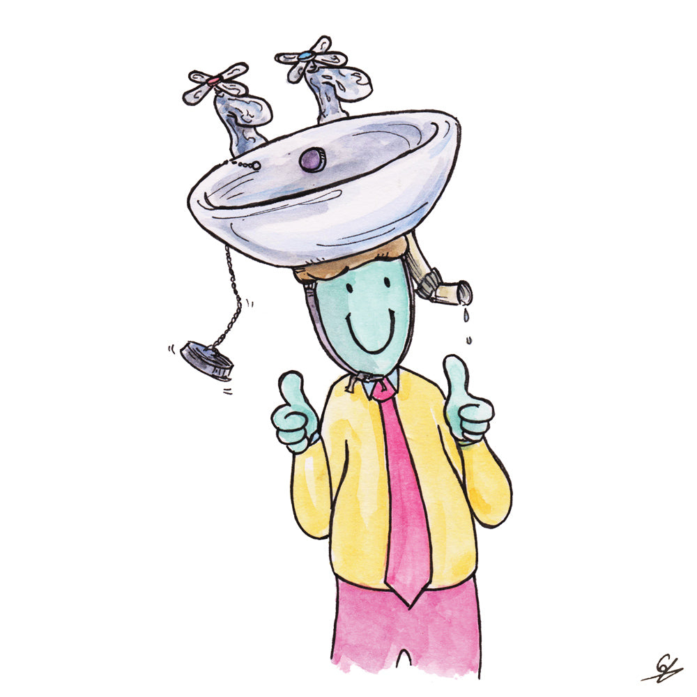 Man with a sink on his head.