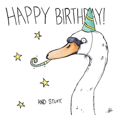 Happy Birthday and stuff. Swan in a birthday hat.