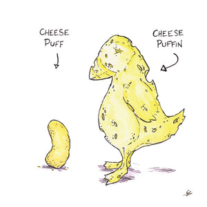 A Cheese Puff, and a Cheese Puffin (A Puffin made of Cheese)