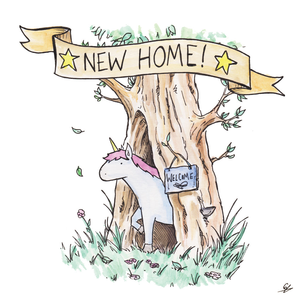 A cartoon picture of a Unicorn peeking out of a hollowed tree with a banner above that says New Home! A small sign hangs on the tree with the word Welcome.