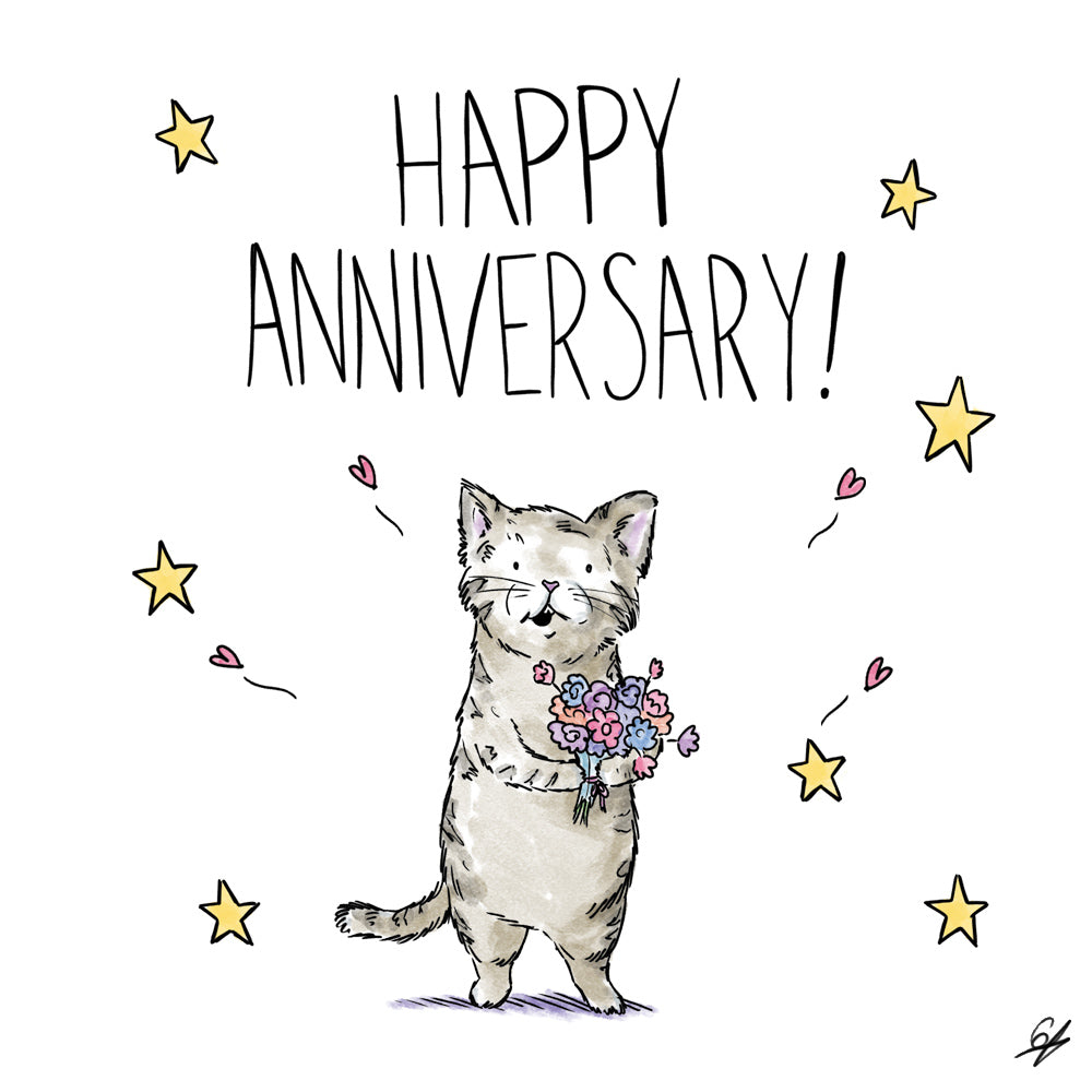 Happy Anniversary! A happy cat holding flowers surrounded by stars and hearts.