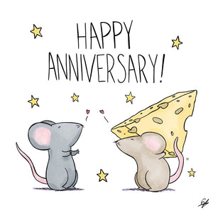 Happy Anniversary! One mouse giving another mouse a huge block of cheese, surrounded by hearts and stars.