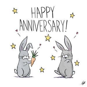 Happy Anniversary! A Rabbit giving another Rabbit a carrot, surrounded by hearts and stars.