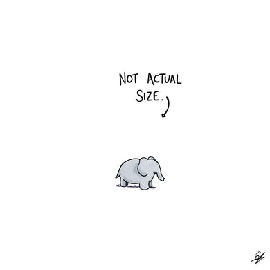 It's a tiny elephant with the words 'Not Actual Size' written above it.