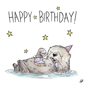 Happy Birthday! An Otter in water eating birthday cake off their belly.
