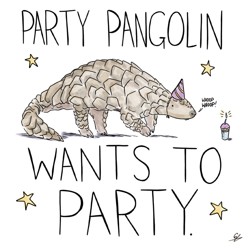 A cartoon picture of a Pangolin with a party hat in front of a cupcake with the words 'Party Pangolin  