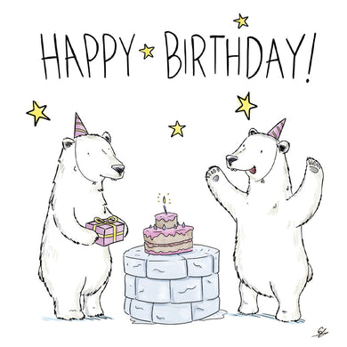 A cartoon of two polar bear wearing party hats, with one bringing a wrapped present and the other greeting them with open arms. Between them is a small igloo like table with a two tier cake with pink icing and a lit candle on top. Above them, surrounded by stars are the words Happy Birthday!