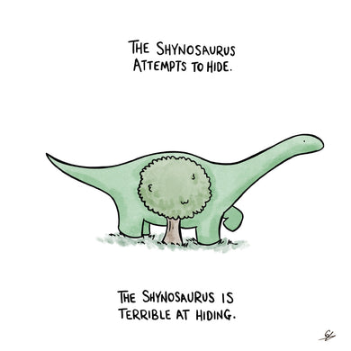 A green dinosaur hiding unsuccessfully behind a smaller tree. The words at the top say 'The Shynosaurus attempts to hide.' with words below the image saying 'The Shynosaurus is terrible at hiding.'