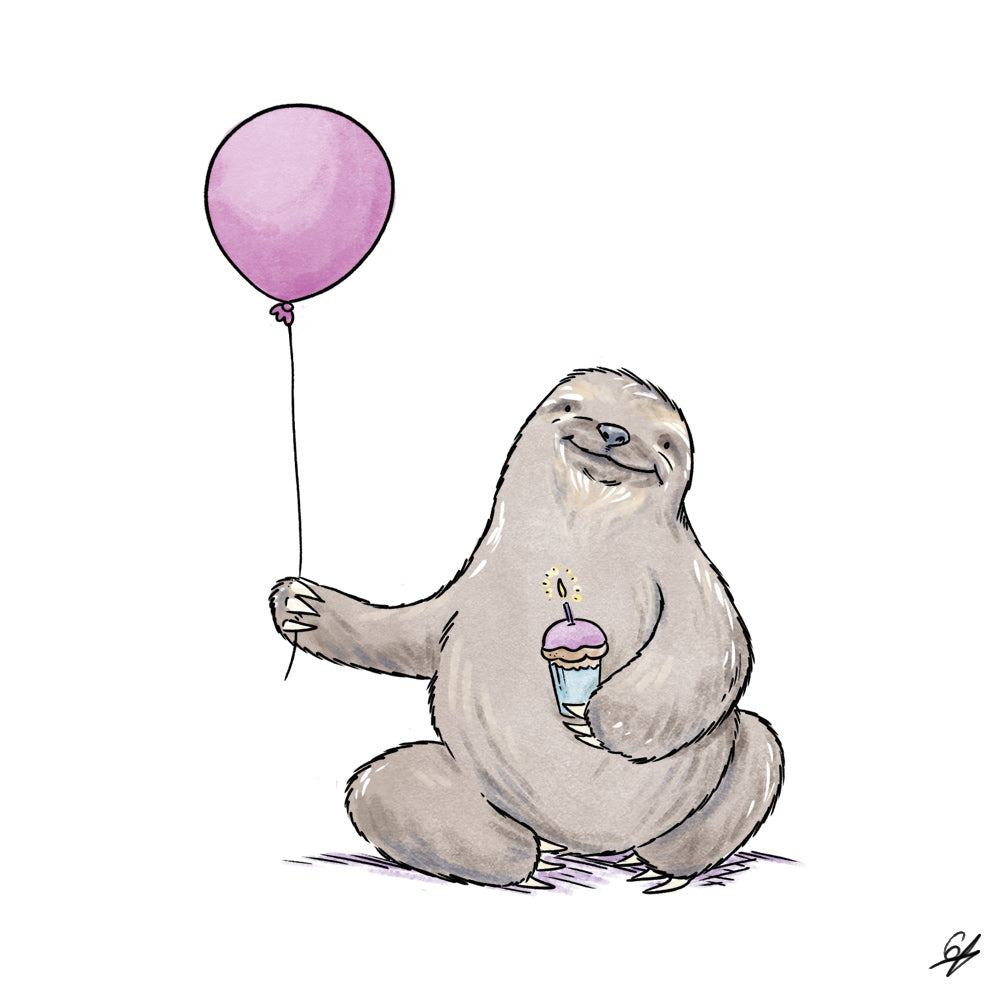 A happy looking Sloth with a pink balloon and a cupcake