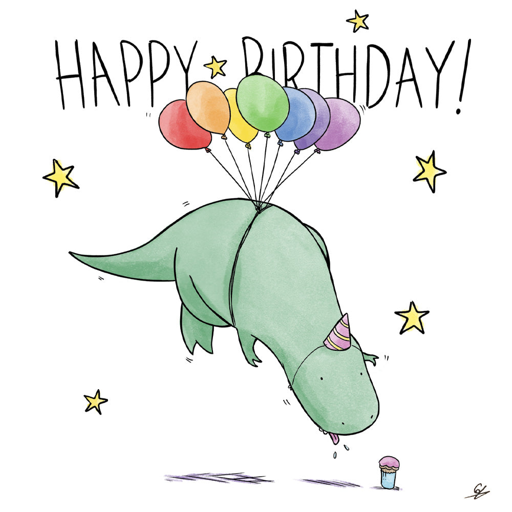 A T Rex dinosaur wearing a party hat trying to lick a cupcake on the floor while being hoisted into the air by some multi-coloured balloons, with the words Happy Birthday! at the top of the picture.