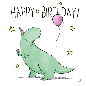 A Cartoon T Rex Dinosaur wearing a party hat holding a cupcake, looking over it's shoulder at a float pink balloon. The words Happy Birthday appear at the top, surrounded by yellow stars.