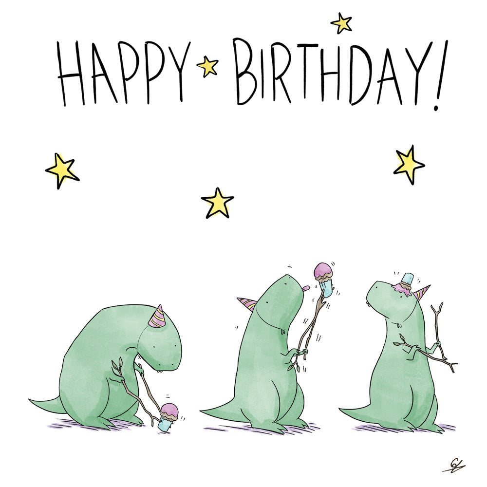Three cartoon images of a T Rex Dinosaur wearing a party hat trying to pick a cupcake off the floor using two sticks, and struggling, with the cupcake ultimately ending up, icing first on it's head. The words Happy Birthday! appear at the top.