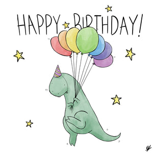 Happy Birthday! A T-Rex wearing a party hat floating the air being held up by multi coloured balloons, surrounded by stars