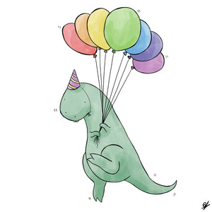 A T-Rex held up my multi coloured balloons.